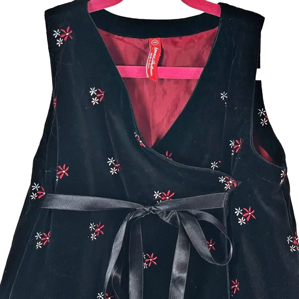 Hanna Andersson Black Velvet Embroidered Floral Wrap Pink Lined Dress Sz 5/110EU